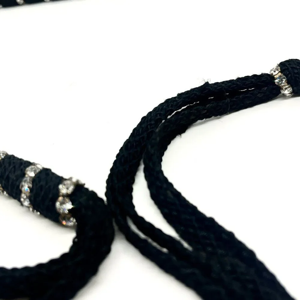 VINTAGE RHINESTONE ROPE Belt Black Tassel Boho Disco Statement